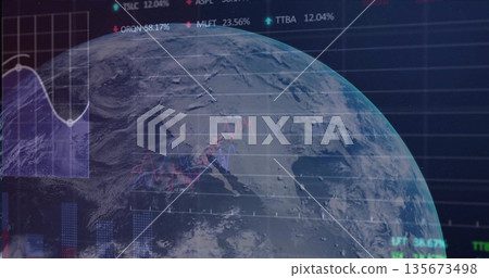 Displaying Earth globe focusing on North America in virtual dashboard, with financial overlays Displaying Earth globe focusing on North America in virtual dashboard, with financial overlays 135673498
