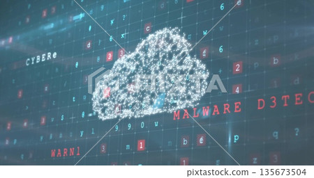 Glowing cloud icon pulsing in security dashboard, featuring code, red, blue squares, warning labels Glowing cloud icon pulsing in security dashboard, featuring code, red, blue squares, warning labels 135673504