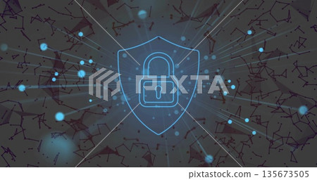 Displaying glowing padlock inside shield at center of network with blue dots rays lines and nodes 135673505