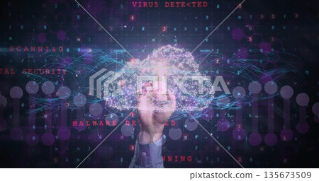 Interacting male hand in suit navigating holographic data cloud in security hub with alert overlays Interacting male hand in suit navigating holographic data cloud in security hub with alert overlays 135673509