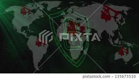 Displaying green shield protecting oil over world map, with padlock, data streams, red pump jacks 135673510
