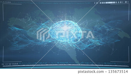 Floating holographic brain at UI, streaming data over faint world map with grid or readouts and node 135673514