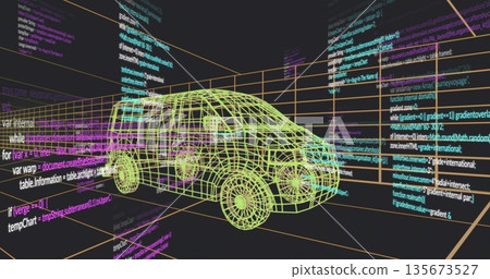 Displaying yellow wireframe SUV model sitting within 3D grid workspace, with floating code panels Displaying yellow wireframe SUV model sitting within 3D grid workspace, with floating code panels 135673527
