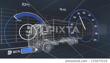 Displaying wireframe truck chassis in grid space with eco gauge, battery icon, speedometer overlays 135673528