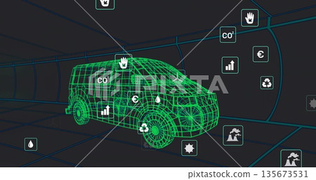 Rotating wireframe van model inside digital tunnel, with floating environmental and economic icons Rotating wireframe van model inside digital tunnel, with floating environmental and economic icons 135673531