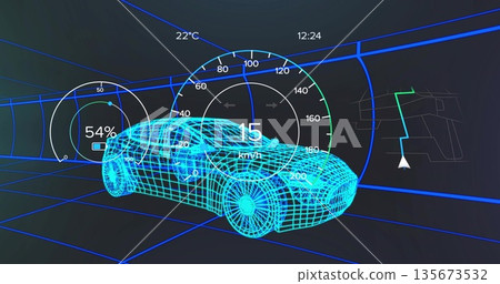 Displaying wireframe car model navigating 3D grid tunnel, with gauges, clock and navigation arrow 135673532