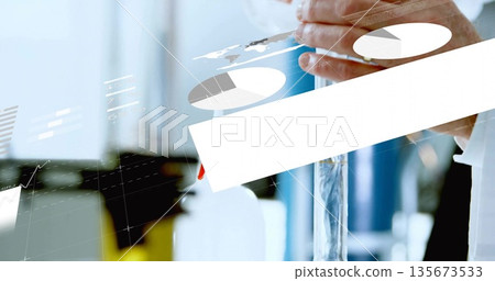 Scientist in lab coat pouring liquid from cylinder in lab, with digital data overlays, copy space 135673533