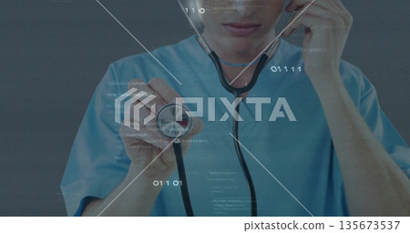 Presenting medical practitioner holding stethoscope diaphragm in exam room, with digital data 135673537