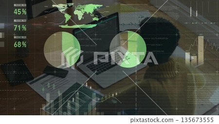 Data analyst in mustard sweater analyzing overlays on laptop, tablet, phone at desk, copy space 135673555