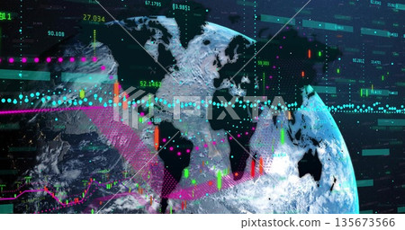 Presenting Earth globe with data overlays in space, with candlesticks, line graphs, floating points Presenting Earth globe with data overlays in space, with candlesticks, line graphs, floating points 135673566