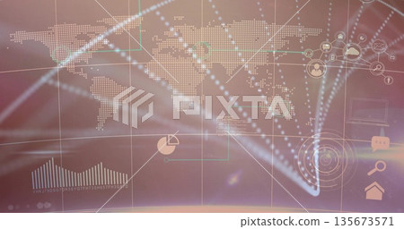 Showing dotted world map over grid lines, code blocks on digital dashboard, with charts and icons 135673571