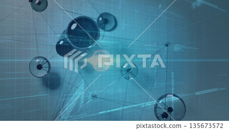 Floating translucent nodes forming network web in virtual digital grid, streaming data code 135673572