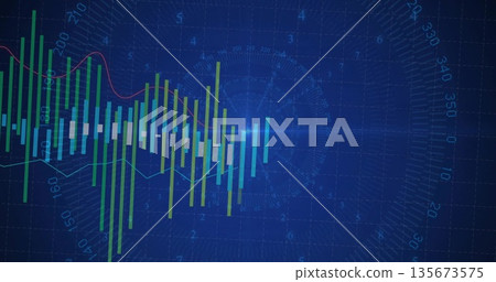 Displaying candlesticks, vertical bars, trend lines and line graphs on dark grid with radar overlay 135673575