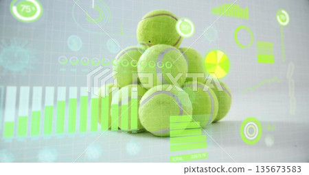 Displaying neon green tennis ball pyramid on studio table with bar, line, circle, numeric overlays Displaying neon green tennis ball pyramid on studio table with bar, line, circle, numeric overlays 135673583