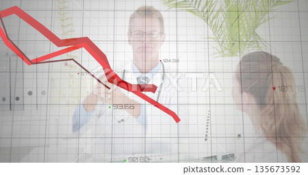 Analyzing red downward graph on digital display at clinic, doctors comparing tablet and documents Analyzing red downward graph on digital display at clinic, doctors comparing tablet and documents 135673592