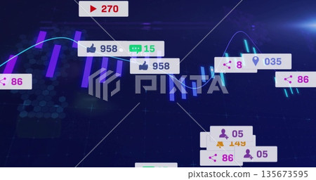 Futuristic data dashboard displaying candlestick bars neon graph and icons in hex grid interface 135673595