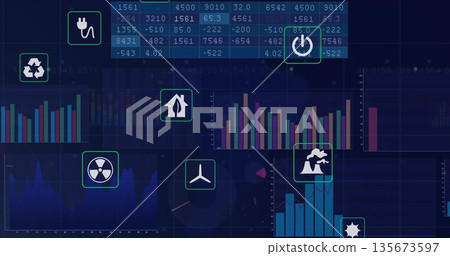 Displaying dashboard showing energy data on dark screen, with recycling, plug icons and bar charts 135673597