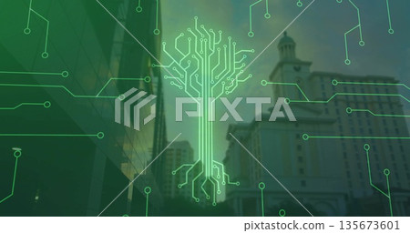 Showing central neon green circuit-tree overlaying skyline, featuring glass tower, domed tower 135673601