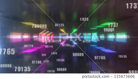 Streaming numbers and rainbow neon rectangles converging toward central light source in data tunnel 135673606