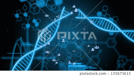 Weaving glowing blue DNA helix traversing digital interface, with network nodes and social icons 135673615