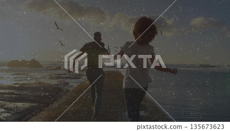 Running couple holding hands on concrete pier over ocean at sunset, with seagulls overhead 135673623