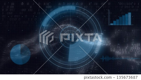 Displaying radar HUD interface on dark grid, streaming particles, binary code, pie chart, bar chart Displaying radar HUD interface on dark grid, streaming particles, binary code, pie chart, bar chart 135673687