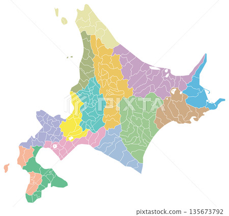可劃分的北海道地圖,由區域發展局進行顏色編碼 可劃分的北海道地圖,由區域發展局進行顏色編碼 135673792