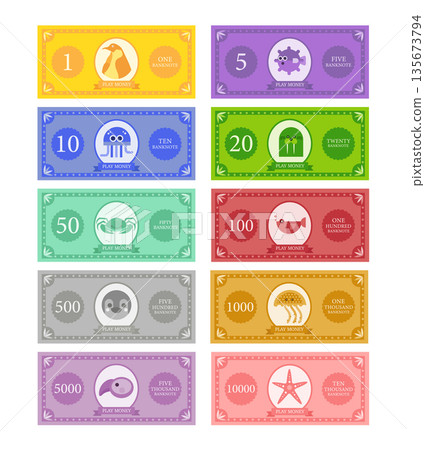 Money for game on a white background,Printable play money from 1 to 10000.banknotes design,Vector  illustrations. 135673794