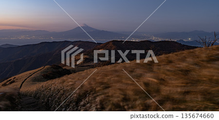 Mount Fuji at dusk viewed from the top of the mountain 135674660