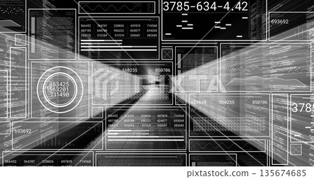 Floating composite digital panels streaming through data tunnel, with numeric readouts and codes 135674685