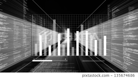 Displaying monochrome 3D bar chart converging on grid in technical dashboard, with code panels 135674686