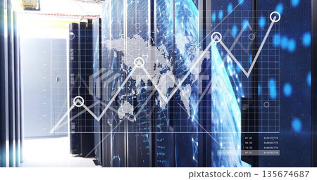 Showing racks with LEDs and overlaying world map line graph, data readouts in data center corridor 135674687
