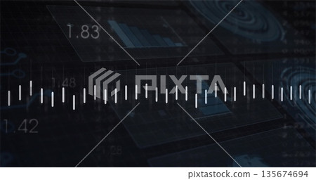 Displaying dashboard showing horizontal waveform in dark mode, with data panels and circular radar Displaying dashboard showing horizontal waveform in dark mode, with data panels and circular radar 135674694