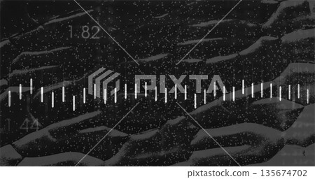Displaying horizontal waveform pulsing across digital interface, with white bars and numeric labels Displaying horizontal waveform pulsing across digital interface, with white bars and numeric labels 135674702
