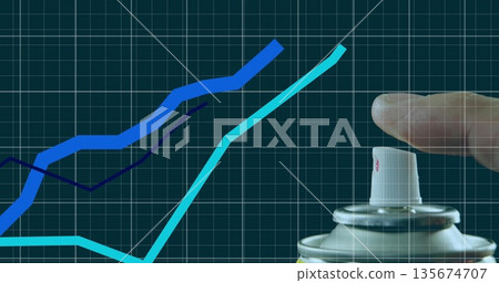 Pressing aerosol spray can nozzle with finger on green grid, colored line graphs, copy space 135674707
