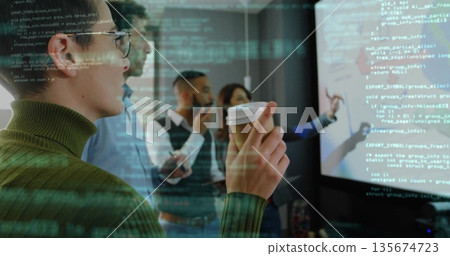 Holding coffee cup, woman watching code in conference room, with screen and smartphone, copy space 135674723