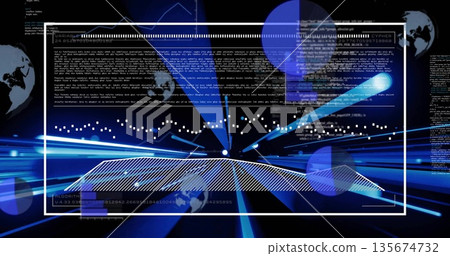 Showing digital interface panel streaming code, line graph overlays in cyberspace with glowing grid 135674732
