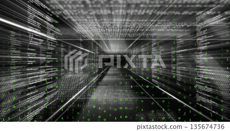 Streaming tunnel in corridor showing scrolling code panels, grid lines and floating green bits Streaming tunnel in corridor showing scrolling code panels, grid lines and floating green bits 135674736