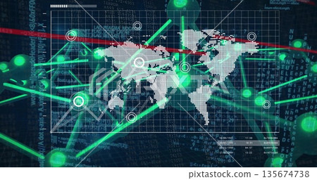 Displaying tracing links between glowing green nodes, target circles on world map over code panels 135674738