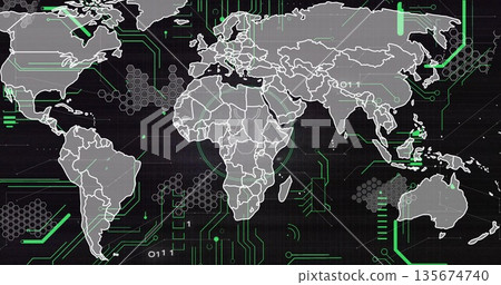 World map outlines glowing on grid background, with neon-green circuit traces and binary digits 135674740