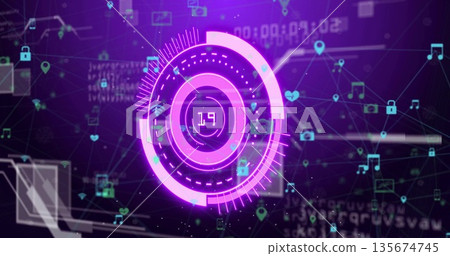 Displaying glowing circular HUD element in cyberspace network, with padlock icons and data streams Displaying glowing circular HUD element in cyberspace network, with padlock icons and data streams 135674745