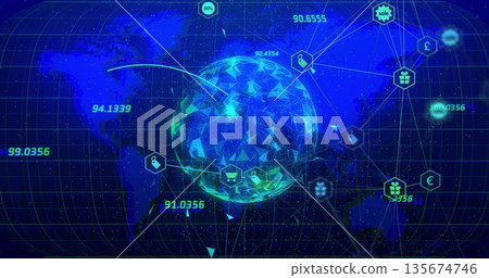 Rotating polygonal globe hovering above world map grid, with price tags and currency icons 135674746
