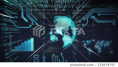 Holographic Earth globe spinning in panel, with circuit traces, streaming code, chart, map overlay 135674747