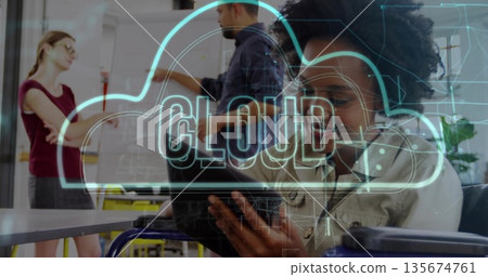 Overlaying neon-blue cloud graphic covering office, with team pointing at whiteboard using tablet 135674761