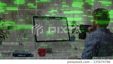 Coding blue-shirted man at desk in office with computer monitor, mug and binary overlay, copy space Coding blue-shirted man at desk in office with computer monitor, mug and binary overlay, copy space 135674796