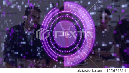 Examining data, panel wearing suits sitting at boardroom table with purple HUD overlay and tablet 135674814