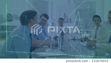 Six executives discussing financial data in meeting room with glass table, chart overlay 135674833