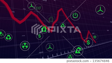 Displaying red fluctuating trend line graph moving across dashboard, with green eco-economic icons 135674846