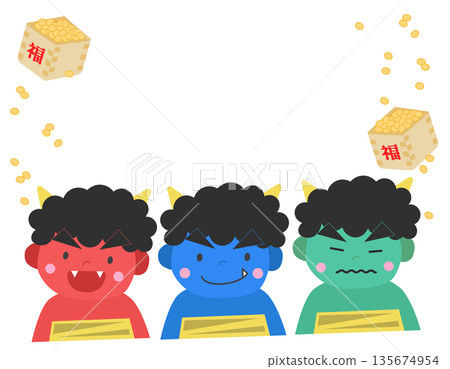 節分素材：三個惡魔和幸運豆邊框背景素材 135674954
