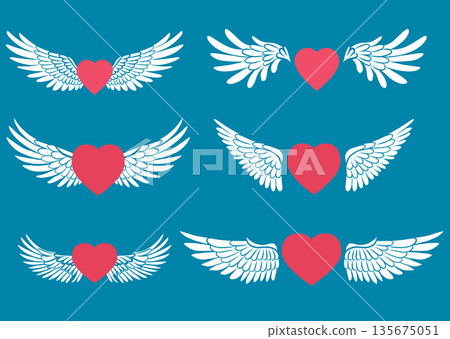 Vector set of hearts with angel wings. Festive collection of love symbol clip art 135675051